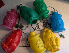 Vintage 7 plastikowych form do rozdmuchiwania patio kamper kemping tiki żaba sznurek światła przeczytaj