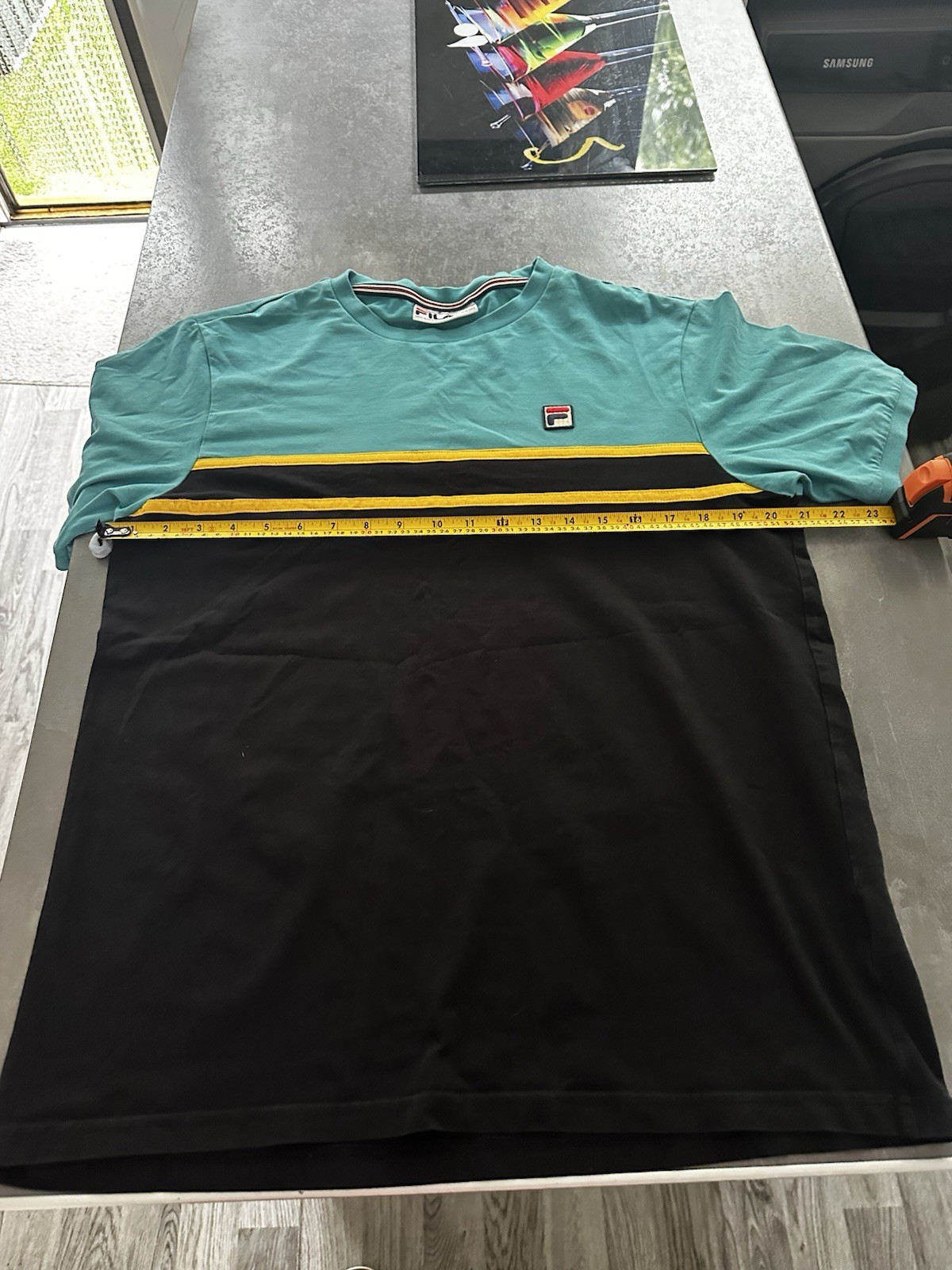 Retro Fila T Shirt Grande Nero Giallo Turchese Anello Polo Vintage