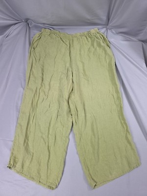 FLAX Linen Pants Larg Green Cropped Wide Leg Elastic Waist Pocket Lagenlook Boho