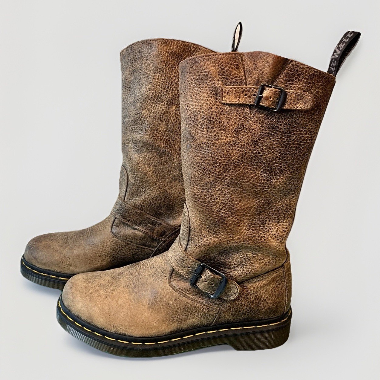 Dr. Martens Women 8, Case Pull On Engineer Biker Boots Distressed Leather Brown