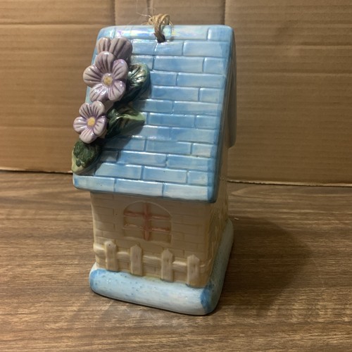 Casetta uccellino vintage in ceramica blu lucido con fiori dama insetto super carina C13 - Foto 5 di 12