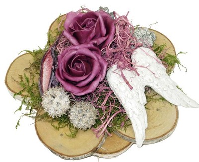 Grabschmuck Birkenscheiben mit Foamrosen, wetterfest CreaFlor Home