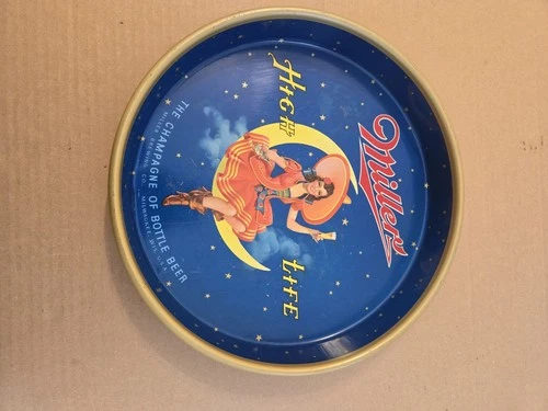 Vintage Miller High Lite Round Metal Serving Beer Tray  Girl On The Moon Sign