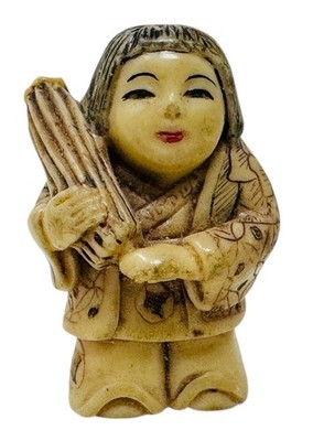 2  CARVED NETSUKE, SIGNED   BOY W/UMBRELLA