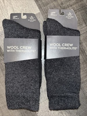 ALPINE DESIGN THERMOLITE WOOL CABIN CREW LENGTH SOCKS GREY MENS LRG 2 PAIR SET