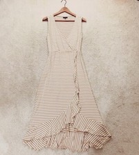 Apt 9 Beige Khaki Ivory Striped Sleeveless V Neck Ruffle Dress S M Medium
