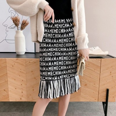 Damen Creative B&w Bestickt / Strick Buchstaben Slim Fit Stift Rock Mit /