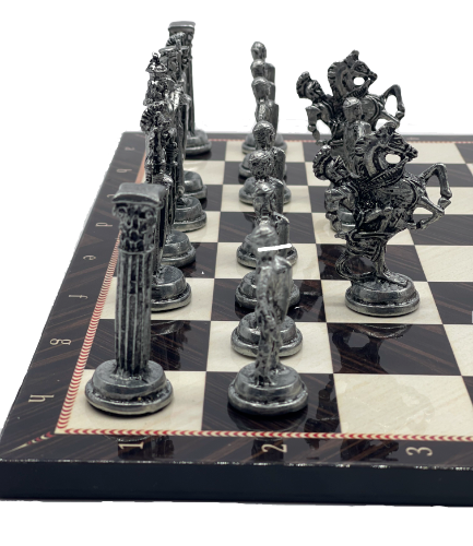 Walnut Marble Patterned Chess Board With British Metal Chess Pieces - Picture 6 of 8