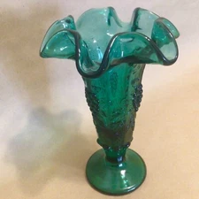 Fenton Teal Green Emerald Ruffled Trumpet Footed Vase Grapes & Leaves Pattern
