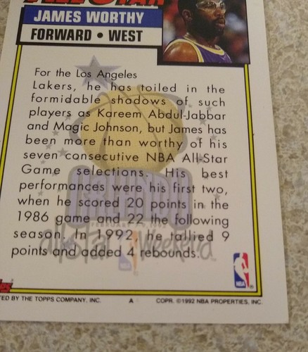 1992-93 Topps All Star Card #108 James Worthy NBA Los Angeles Lakers Basketball - Picture 3 of 5
