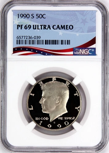 1990-S Proof Kennedy 50c, Graded PF69UC by NGC ~ Patriotic OSR Label