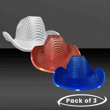 LED Light Up Flashing Patriotic Red White And Blue Sequin Cowboy Hats -Pack of 3