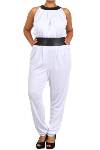 Plus Size White Black Faux Leather Trim Slim Leg Jumpsuit Pantsuit Outfit 3X 3XL - Picture 2 of 5