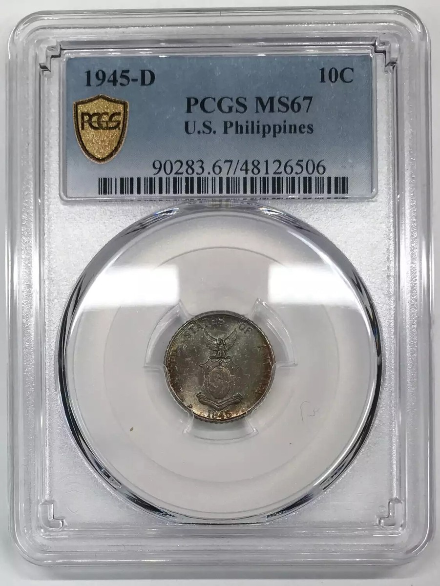 1945 D US Philippines Silver 10 Centavos PCGS MS-67 Rainbow Toning