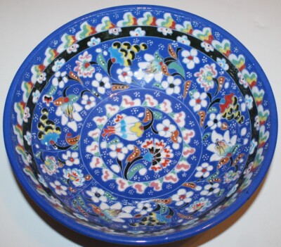 Turkish Blue 10''x3 1/2'' Handmade Iznik Textured Floral Pattern Ceramic Bowl