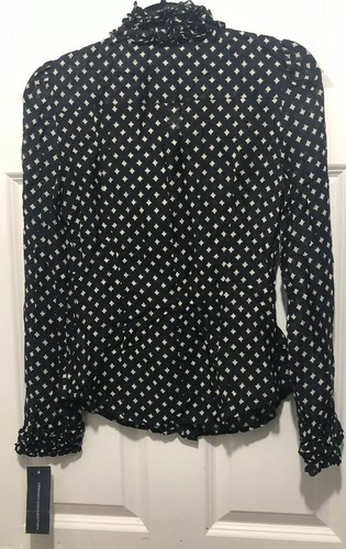 Top blusa donna French Connection bianco e nero con volant stampa a forma di diamante taglia 6 - Foto 6 di 11