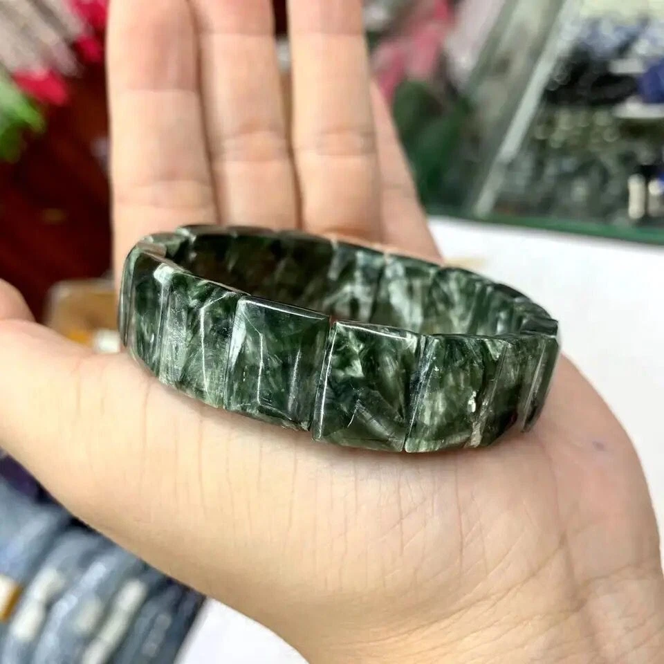 Russian Seraphinite (Clinochlore) Beads Bracelet Natural Gemstone Jewelry Bangle - Image 2 of 4
