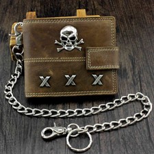 Skull Biker Span Leather Wallet With Coins Purse and Safe chain