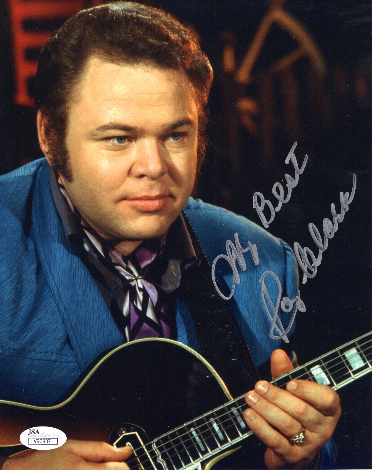 ROY CLARK HAND SIGNED 8x10 COLOR PHOTO YOUNG POSE WITH HIS GUITAR JSA 