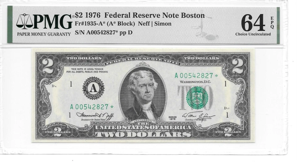 1976* Boston Star $2 FRN (A* Block) PMG 64 EPQ Choice Uncirculated - Image 3 of 4