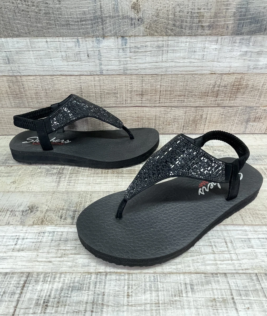 Skechers Yoga Foam Soft Footbed Shiny Black Flip Flops Women's sz 8