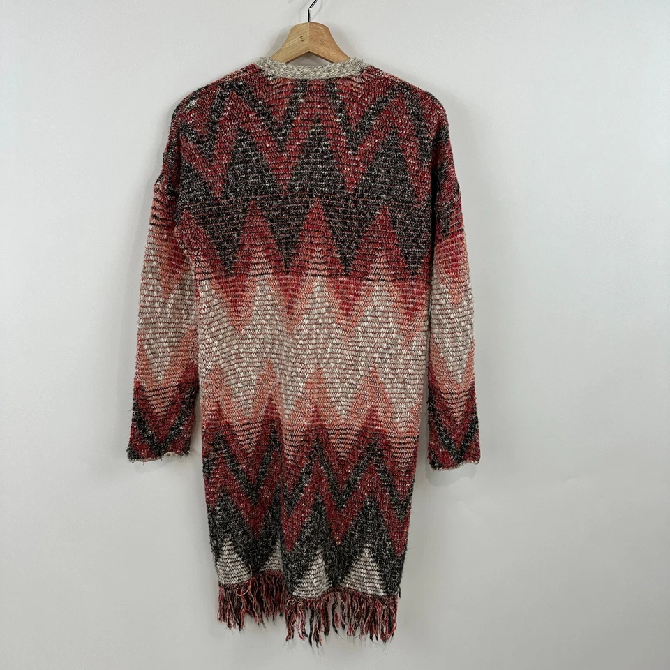 Cárdigan Largo Lucky Brand Mediano Rojo Oscuro Gris Azteca Flecos Plumero Suéter Foto 3 de 4