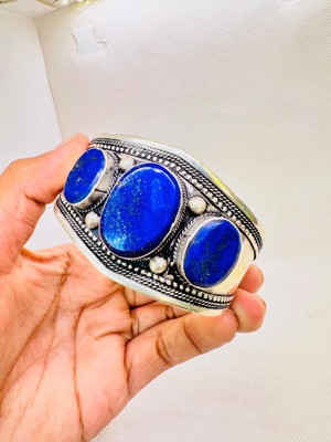 Edelstahl Oval 3 Lapislazuli Edelstein Handarbeit Schmuck Armreif Armband