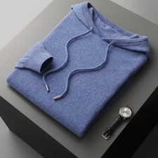 100 Wool Cashmere Men's Warm Hooded Sweater Solid Color Casual Hoodie