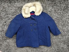 Vintage Sears Jacket Little Girls 2T Navy Blue Flannel Lined Hooded Faux Fur Tri