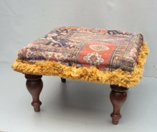 Vintage Kilim Footstool Ottoman Mahogany Legs & Castors Mustard Fringe Boho