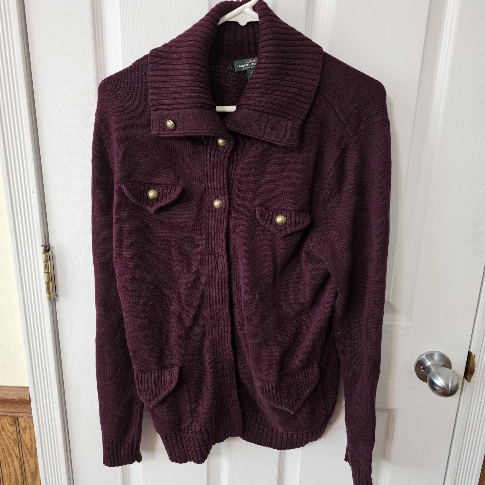 Lauren Ralph Lauren Womens Chunky Knit Cardigan Sweater Pockets Sz XL Purple