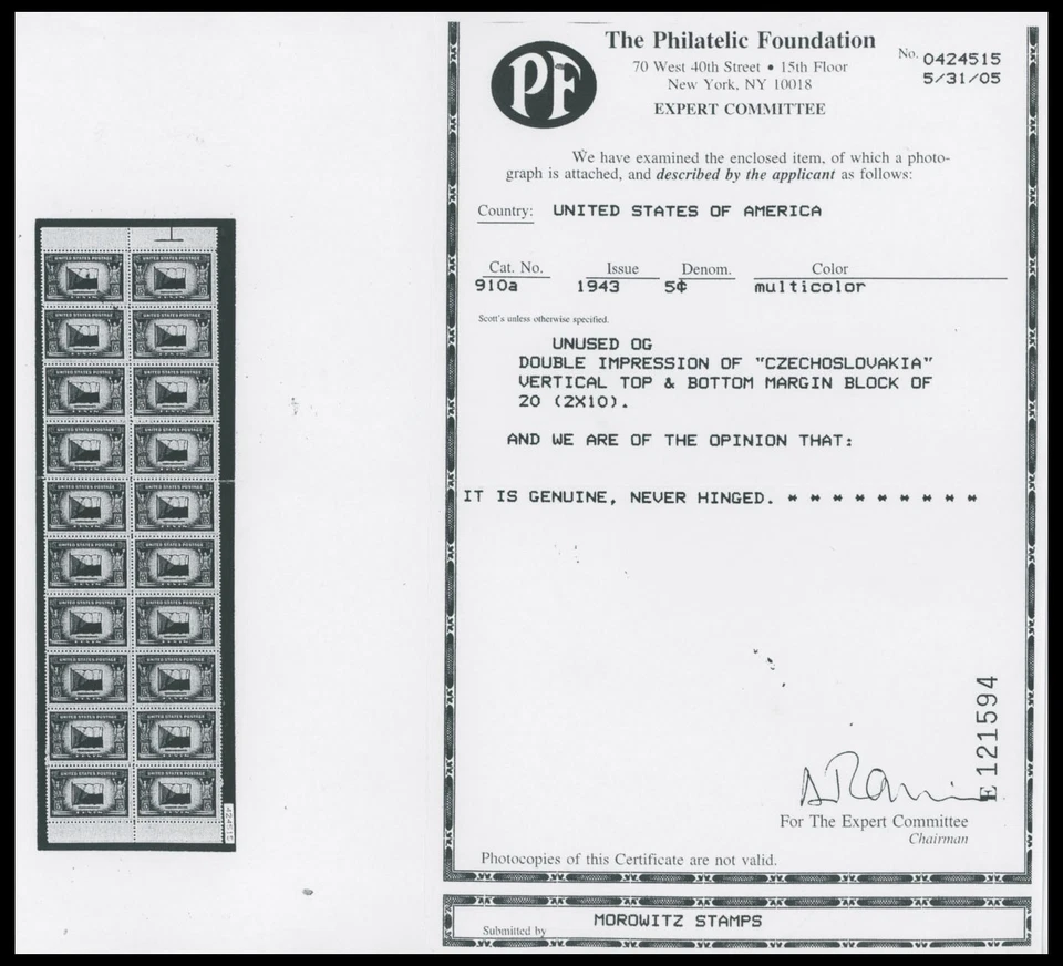 1943, USA, CZECHOSLOVAKIA 5C, DOUBLE IMPRESSION OF RED ENGR. COLOR, NH, SC.#910a - Image 3 of 4