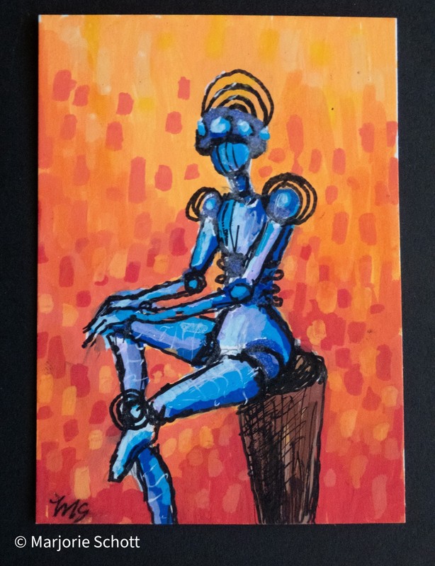 Cyber Seating- Original ACEO Acrylic Painting of Seated Robot by Marjorie Schott