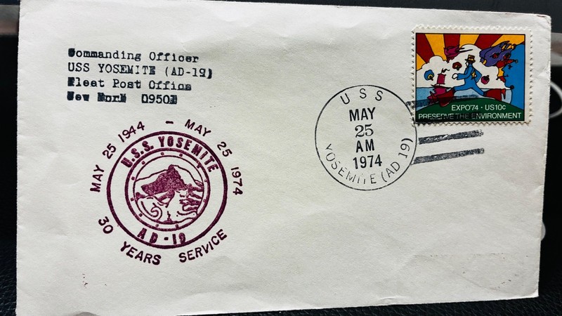 1974 ship cachet on cover of USS Yosemite, AD-19, destroyer tender, expo74 stamp