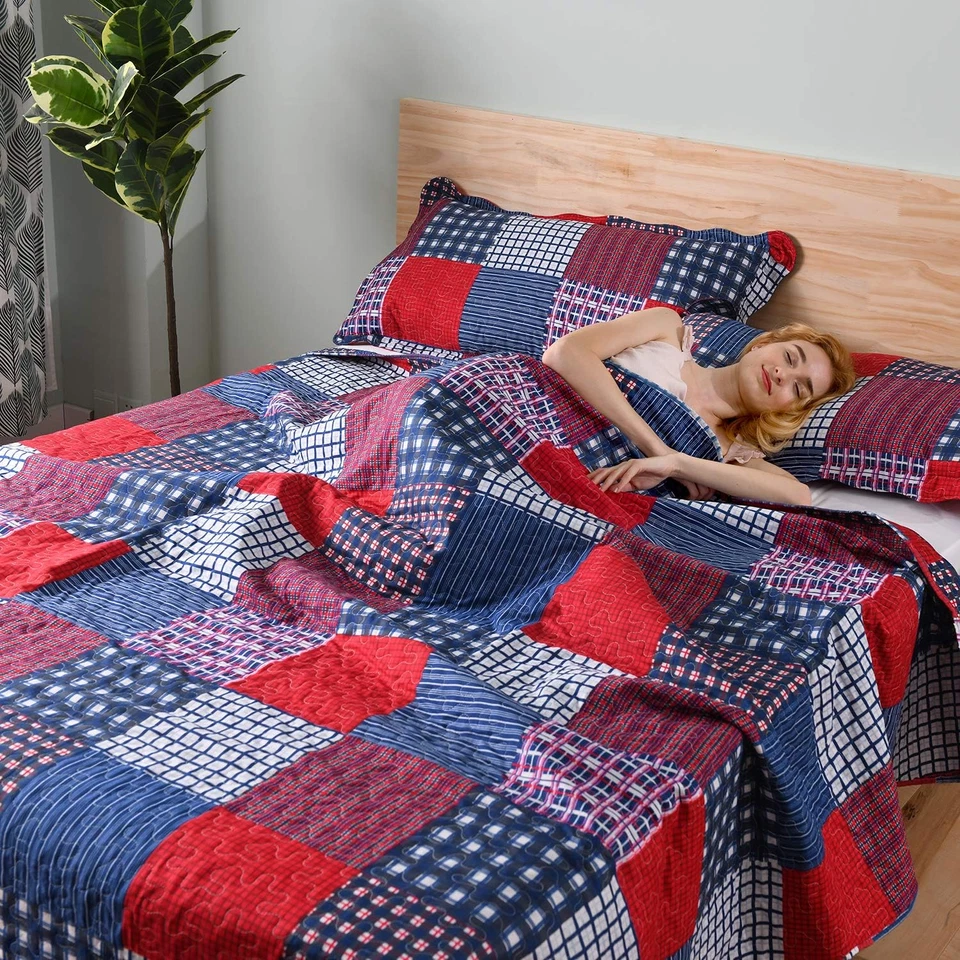 Red Blue Plaid Quilt Set King Size Country Patchwork Bedding Set Lightweight Rev - Image 2 of 4