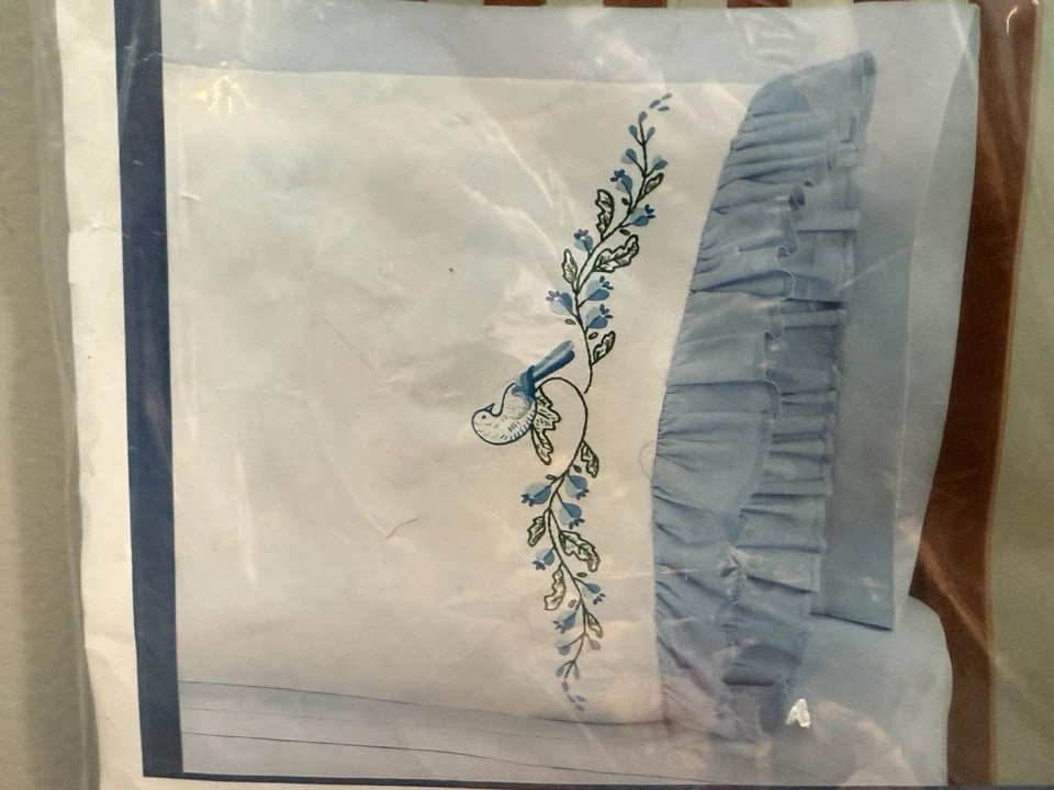 Herrschners Lovebirds Ruffled Standard Pillowcase 20”x30” Stamped Cross Stitch - Image 3 of 4