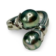 Sterling Silver Bypass Ring with Twin Gray Statement Pearls Size 7.5