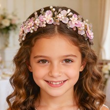 Flower Girls Headband Pink Floral Headpiece Pearl Bridal Hair Decor Wedding