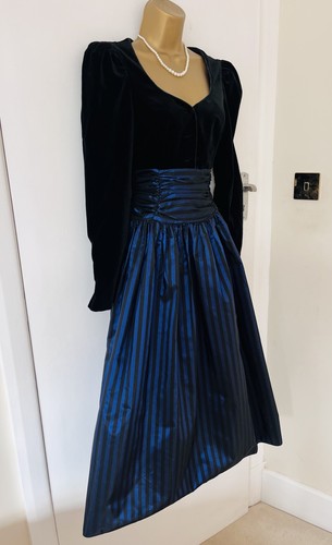 Vintage Laura Ashley Velvet Taffeta Midi Dress Long Sleeve Black & Blue Size 10 - Picture 6 of 9