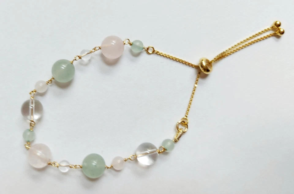 Bracciale in argento 925 dorato oro con quarzo rosa quarzo ialino e avventurina  - Immagine 2 di 4