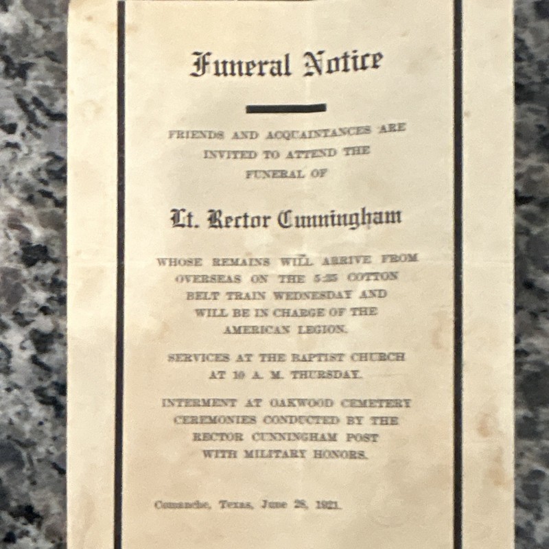 Lt. Rector Cunningham 1921 Funeral Notice w/ Photo & Handwritten Note