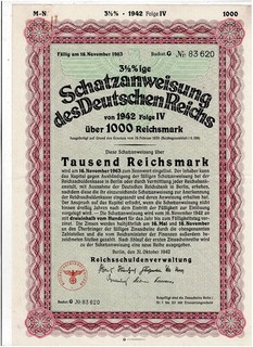 Deutsches Reich Berlin 1942 Treasury Loan 1000 RM Series IV scarce uncancell