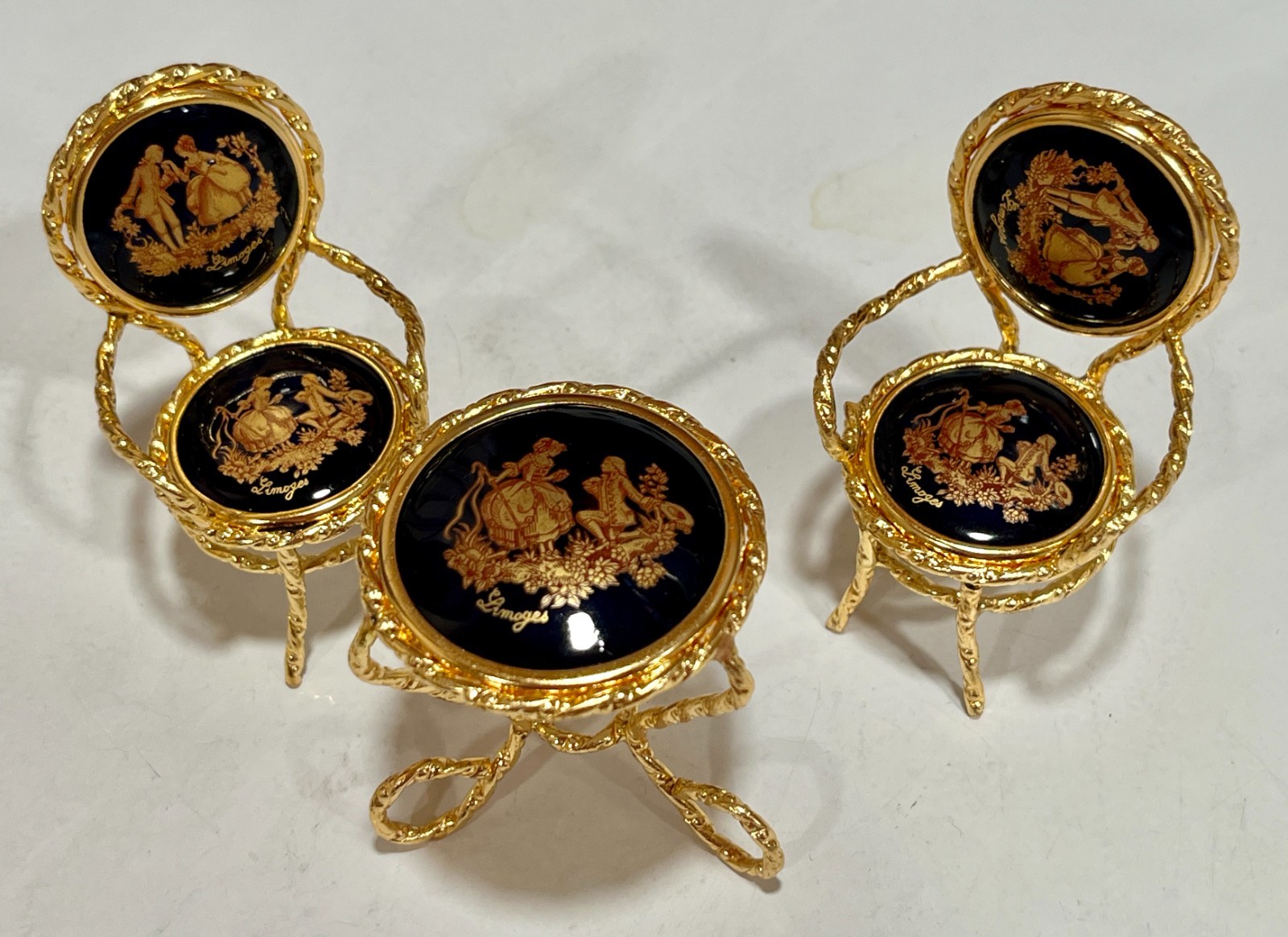 Vintage LIMOGES France Cobalt Porcelain Miniature Doll House Table Chairs