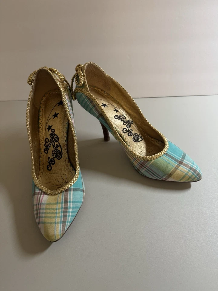 Naughty Monkey Shoes High Heels Blue Pink White Preppy Plaid Gold Trim Bows Sz 8 - Image 2 of 4
