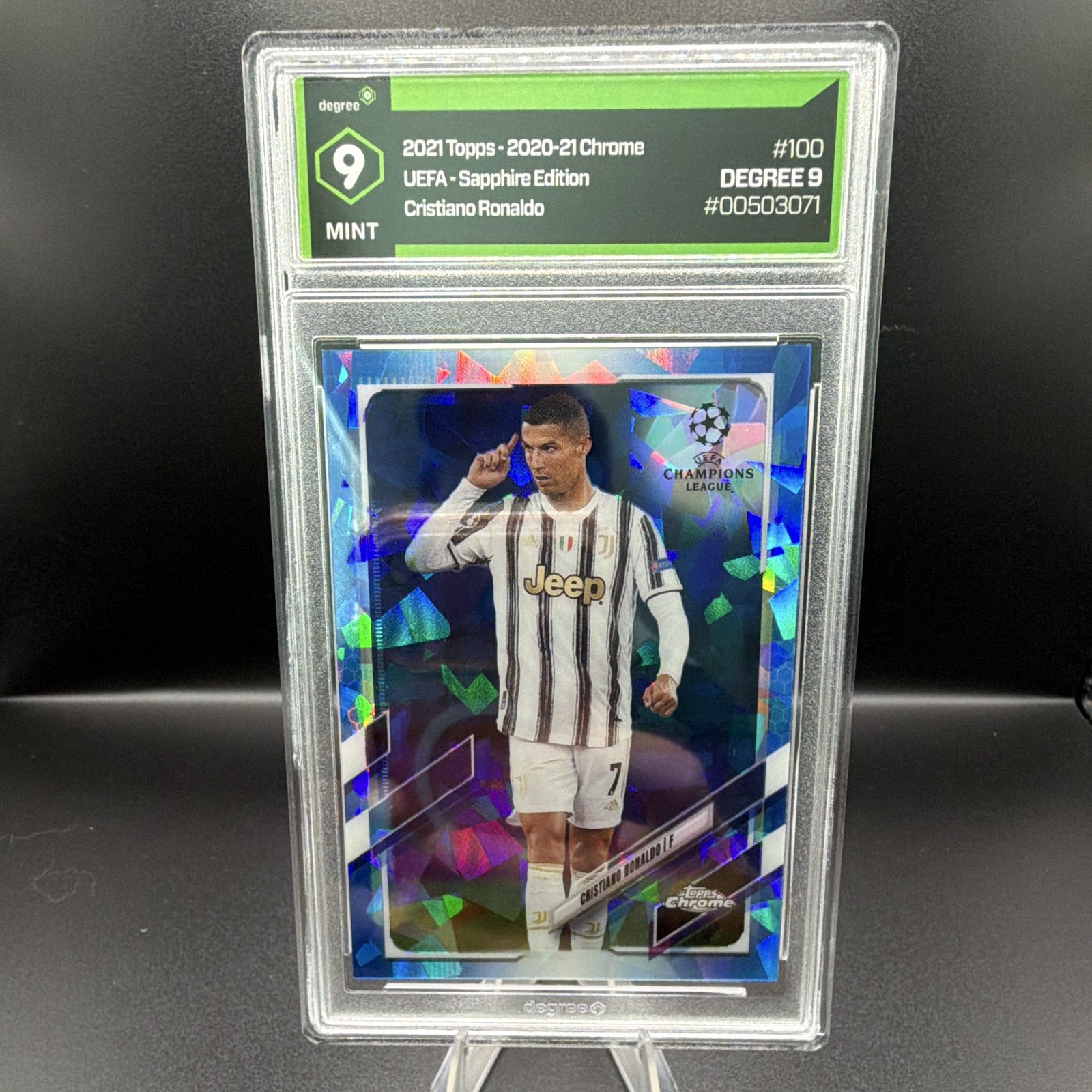 Topps 2020-21 Chrome UEFA Sapphire Cristiano Ronaldo #100 Juventus Degree 9