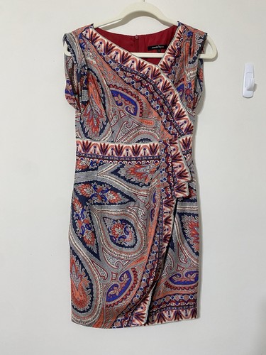 Nanette Lepore Dress Silk Dress Size 2 Bow Waist Paisley Boho Orange Blue Small - Afbeelding 2 van 10