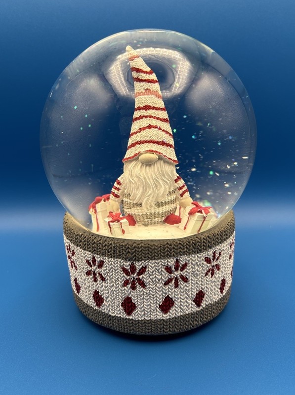 Musical Gnome Snow Globe Battery Powered Christmas Decor White Red Gray
