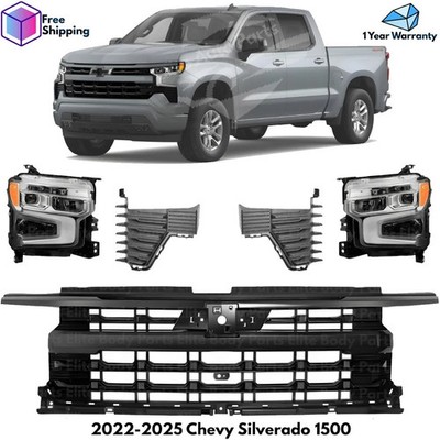 Front Grille Assembly Black & Headlights Kit For 2022-2025 Chevy Silverado 1500