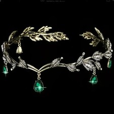 Vintage Bronze Green Crystal Fairy Crown Leaf Elf Tiara Headband Fantasy Hair