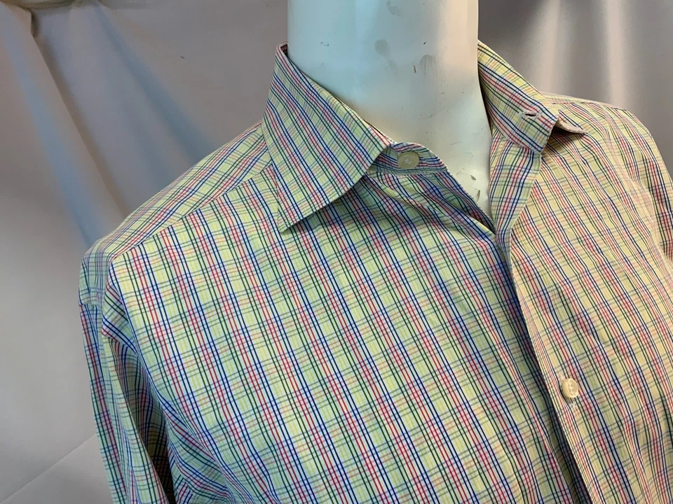 Camisa Botón Ingram L Hombres Amarillo Rosa Azul Algodón a Cuadros Md Italia YGI L1-213 Foto 3 de 4